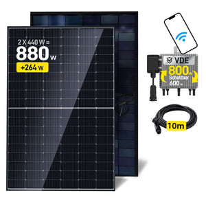 Ergofino Balkonkraftwerk 880W mit 2x440W Bifazialer Glas Solarmodule, Wechselrichter 800W, Kabel