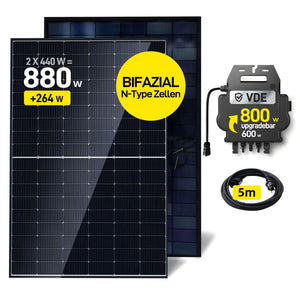 Ergofino Balkonkraftwerk 880W mit 2x440W Bifazialer Glas Solarmodule, Wechselrichter 800W, Kabel