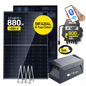 Ergofino Komplettset Balkonkraftwerk mit Solarspeicher, enthält 2x440W bifaziale Glas-Glas-Solarmodule, Wechselrichter 800W, Anker SOLlX Solarbank E1600 und Kabel