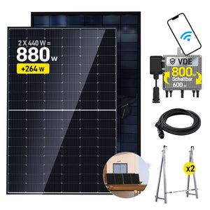 Ergofino Balkonkraftwerk 880W mit 2x440W Bifazialer Glas Solarmodule, Wechselrichter 800W, Kabel