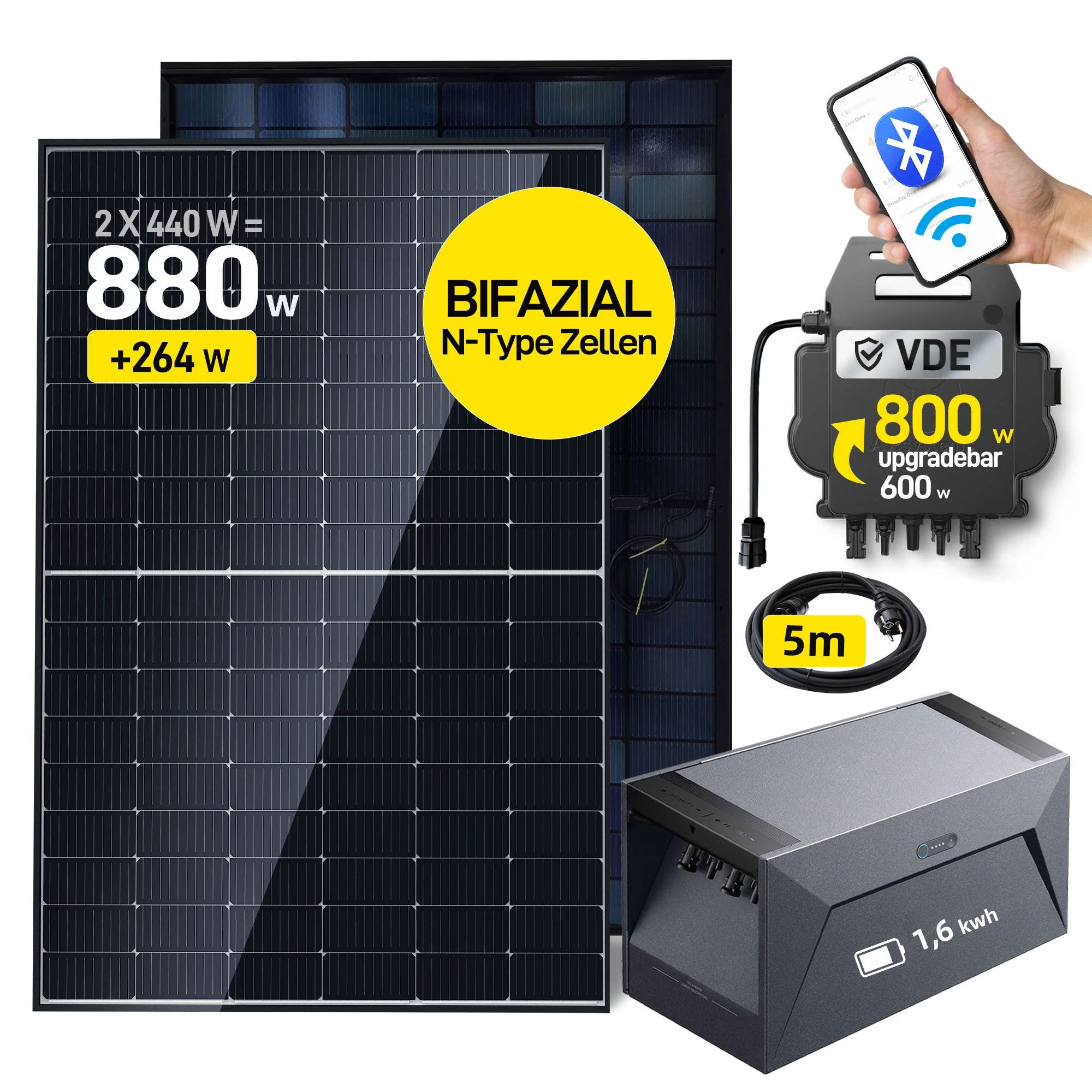 Ergofino Komplettset Balkonkraftwerk mit Solarspeicher, enthält 2x440W bifaziale Glas-Glas-Solarmodule, Wechselrichter 800W, Anker SOLlX Solarbank E1600 und Kabel