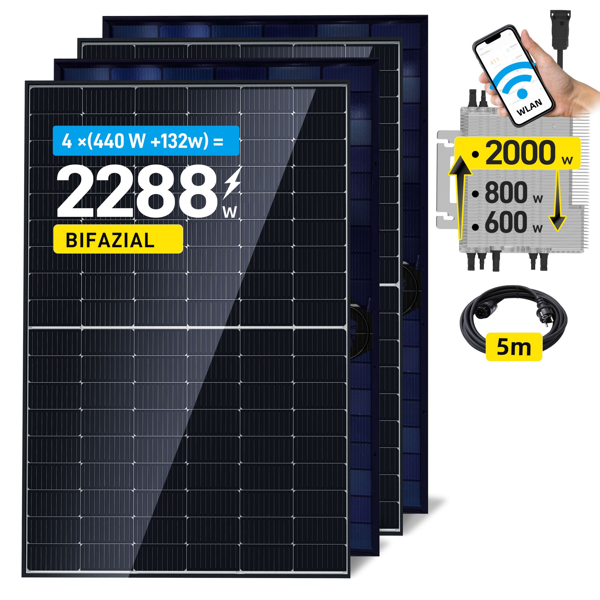 Ergofino DY1760 Balkonkraftwerk 1760W mit 4x440W Bifazialer Glas Solarmodule, Deye Wechselrichter 2000W, Kabel